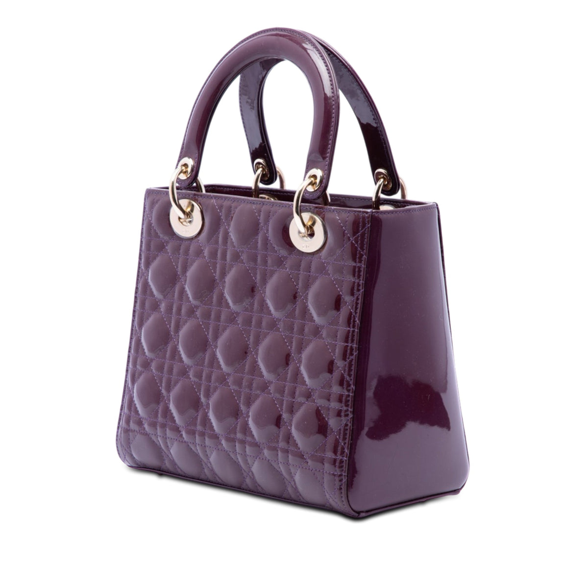 Second hand Dior Lady Dior Medium Patent Leather Zip Cannage Tote Handbag Purple - Tabita Bags