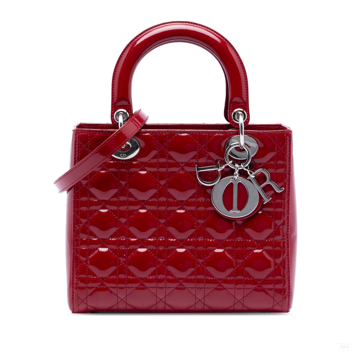 Second hand Dior Lady Dior Medium Patent Leather Zip Cannage Tote Handbag Red - Tabita Bags