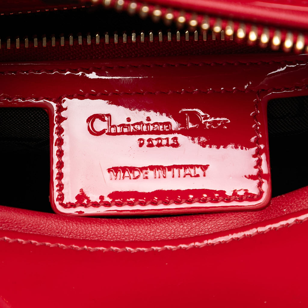 Second hand Dior Lady Dior Medium Patent Leather Zip Cannage Tote Handbag Red - Tabita Bags
