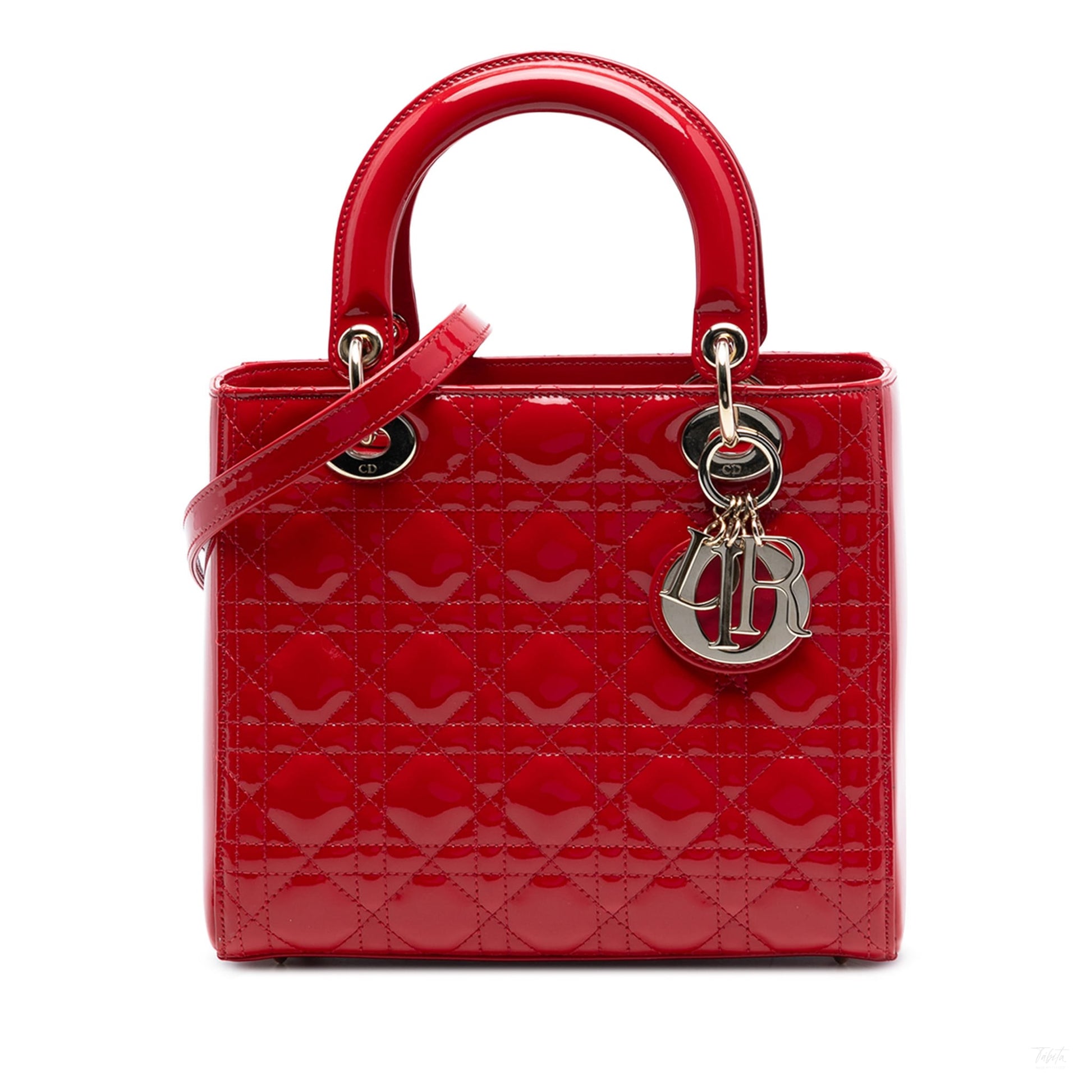Second hand Dior Lady Dior Medium Patent Leather Zip Cannage Tote Handbag Red - Tabita Bags
