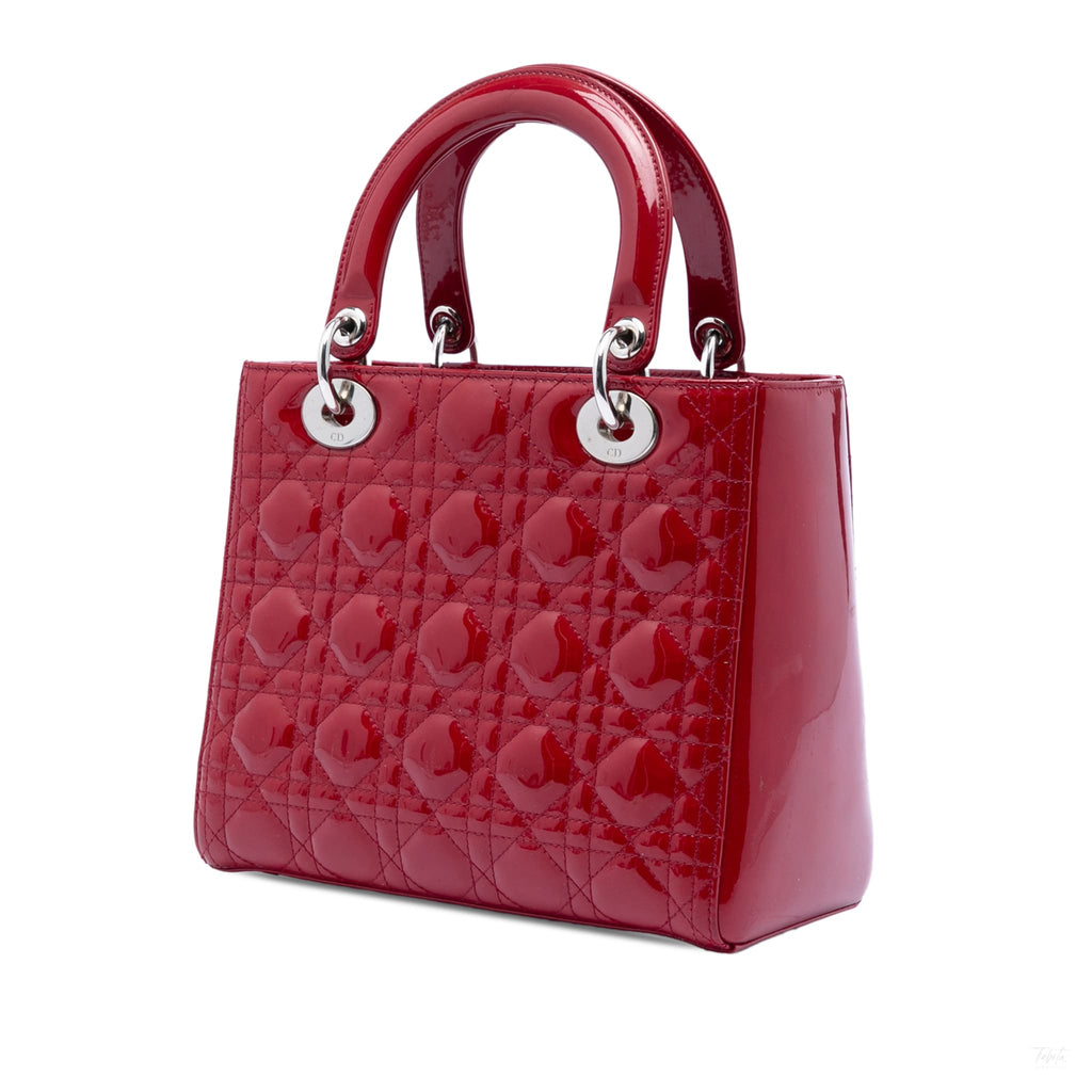 Second hand Dior Lady Dior Medium Patent Leather Zip Cannage Tote Handbag Red - Tabita Bags