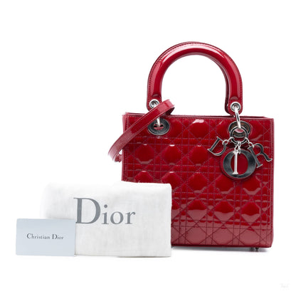 Second hand Dior Lady Dior Medium Patent Leather Zip Cannage Tote Handbag Red - Tabita Bags