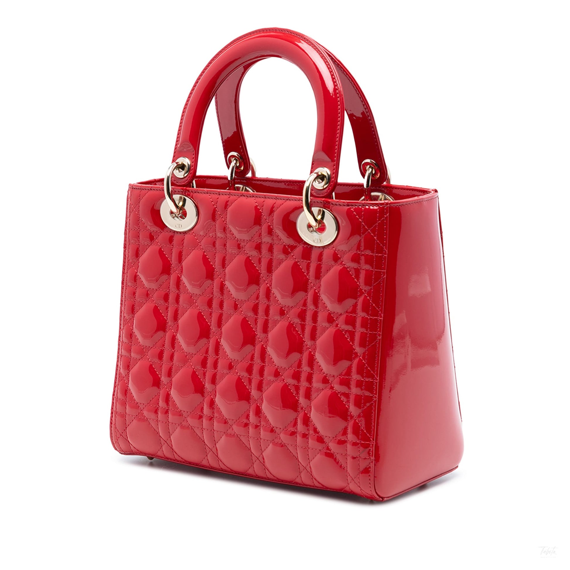Second hand Dior Lady Dior Medium Patent Leather Zip Cannage Tote Handbag Red - Tabita Bags