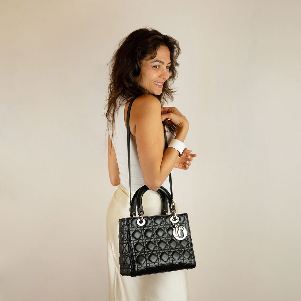 Second hand Dior Lady Dior Medium Zip Closure Cannage Lambskin Leather 2-Ways Tote Bag Black - Tabita Bags