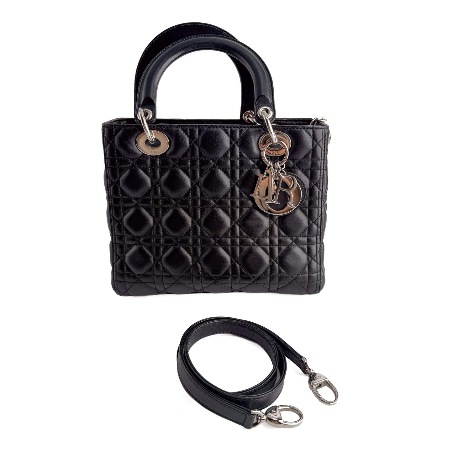 Second hand Dior Lady Dior Medium Zip Closure Cannage Lambskin Leather 2-Ways Tote Bag Black - Tabita Bags