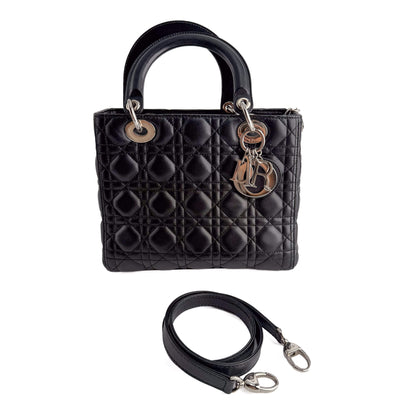 Second hand Dior Lady Dior Medium Zip Closure Cannage Lambskin Leather 2-Ways Tote Bag Black - Tabita Bags