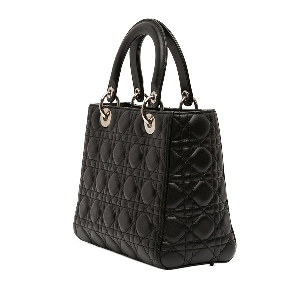 Second hand Dior Lady Dior Medium Zip Closure Cannage Lambskin Leather 2 - Ways Tote Bag Black - Tabita Bags