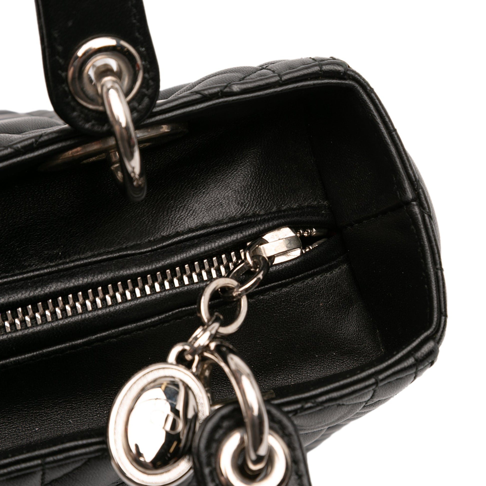 Second hand Dior Lady Dior Medium Zip Closure Cannage Lambskin Leather 2 - Ways Tote Bag Black - Tabita Bags