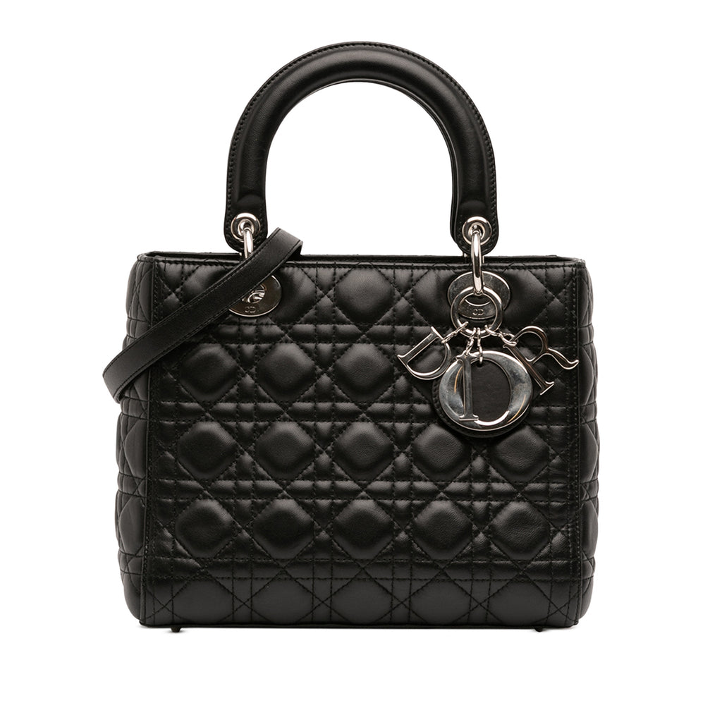 Second hand Dior Lady Dior Medium Zip Closure Cannage Lambskin Leather 2 - Ways Tote Bag Black - Tabita Bags