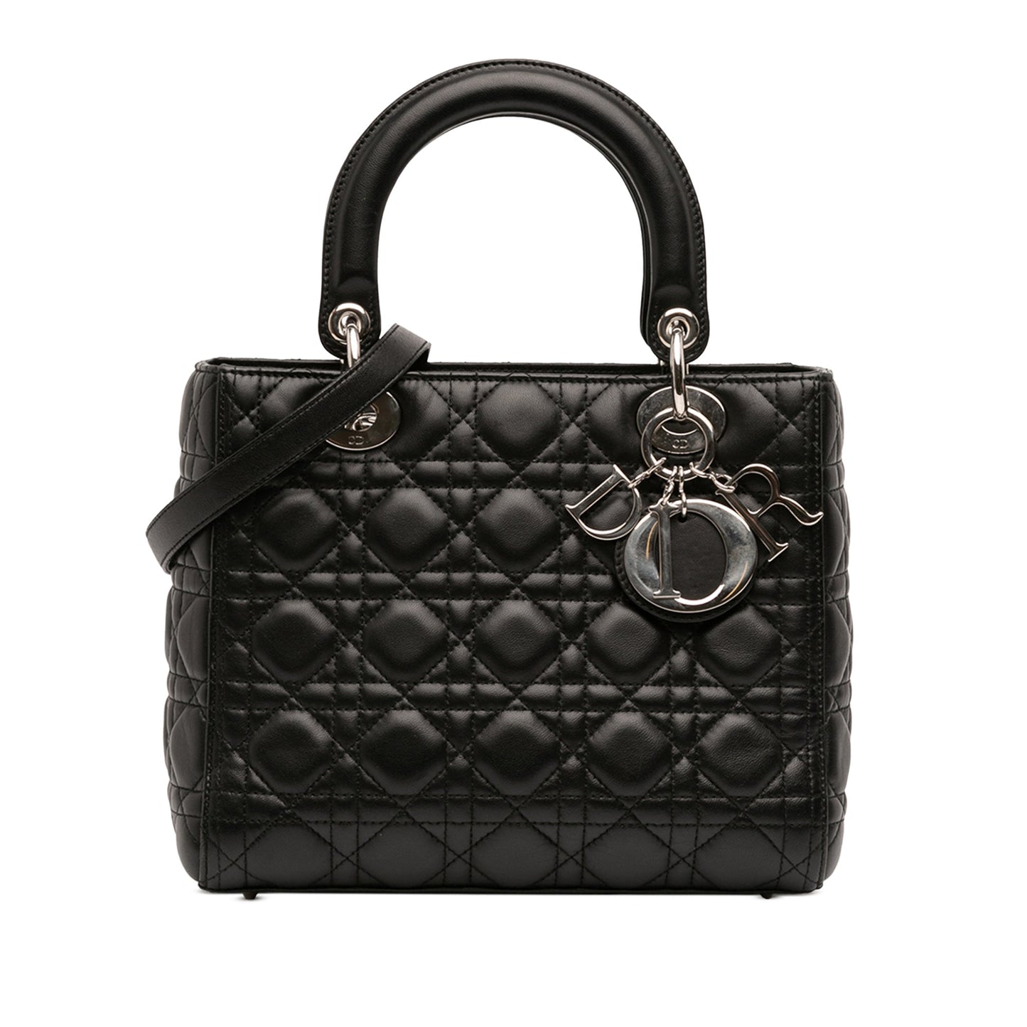 Second hand Dior Lady Dior Medium Zip Closure Cannage Lambskin Leather 2 - Ways Tote Bag Black - Tabita Bags