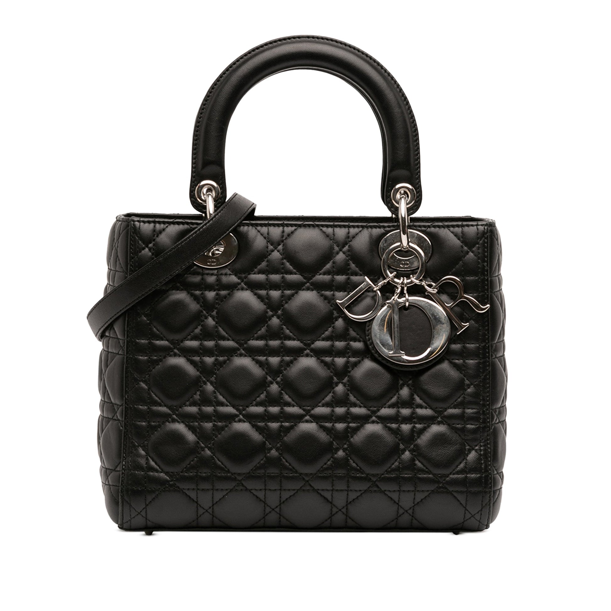 Second hand Dior Lady Dior Medium Zip Closure Cannage Lambskin Leather 2 - Ways Tote Bag Black - Tabita Bags