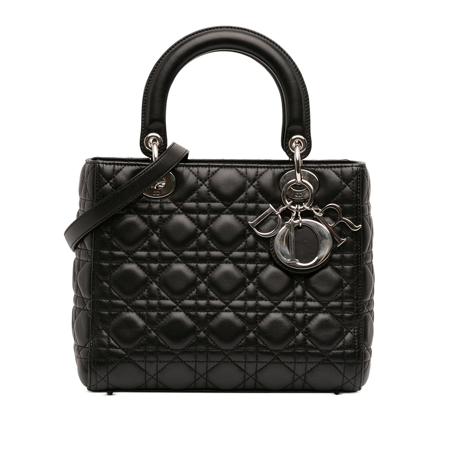 Second hand Dior Lady Dior Medium Zip Closure Cannage Lambskin Leather 2 - Ways Tote Bag Black - Tabita Bags