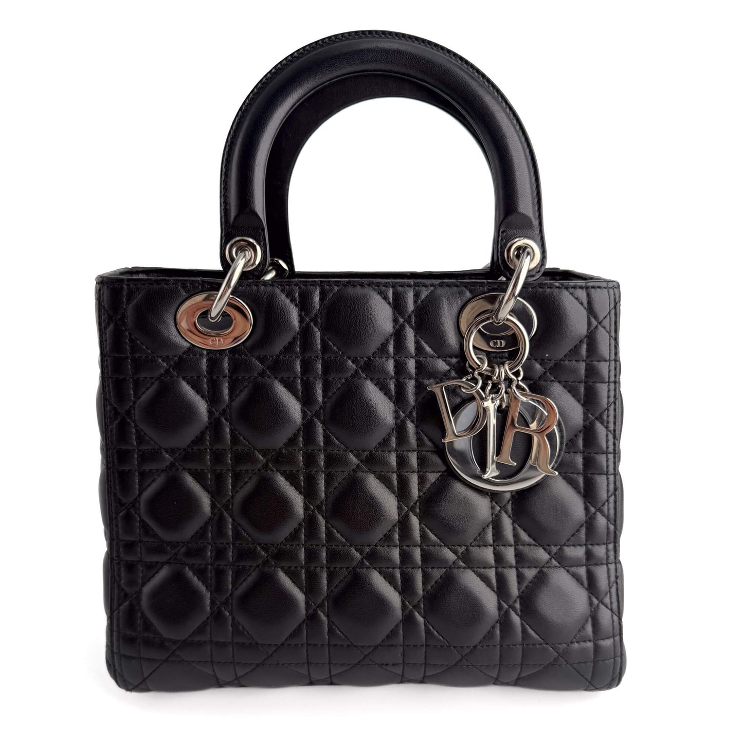 Second hand Dior Lady Dior Medium Zip Closure Cannage Lambskin Leather 2-Ways Tote Bag Black - Tabita Bags