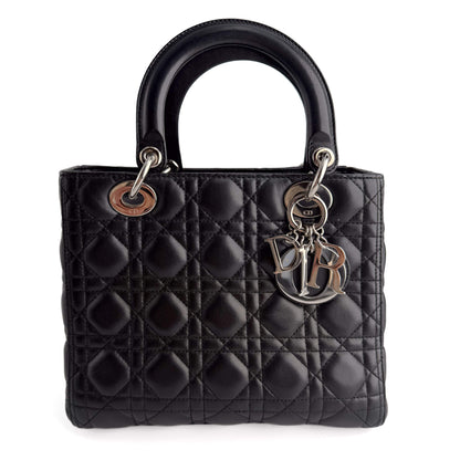 Second hand Dior Lady Dior Medium Zip Closure Cannage Lambskin Leather 2-Ways Tote Bag Black - Tabita Bags