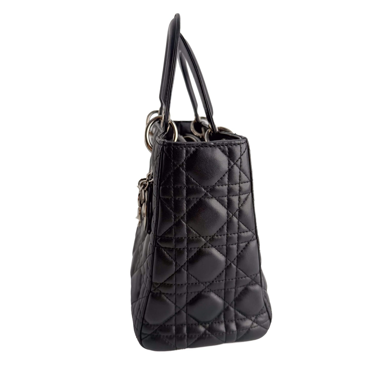 Second hand Dior Lady Dior Medium Zip Closure Cannage Lambskin Leather 2-Ways Tote Bag Black - Tabita Bags