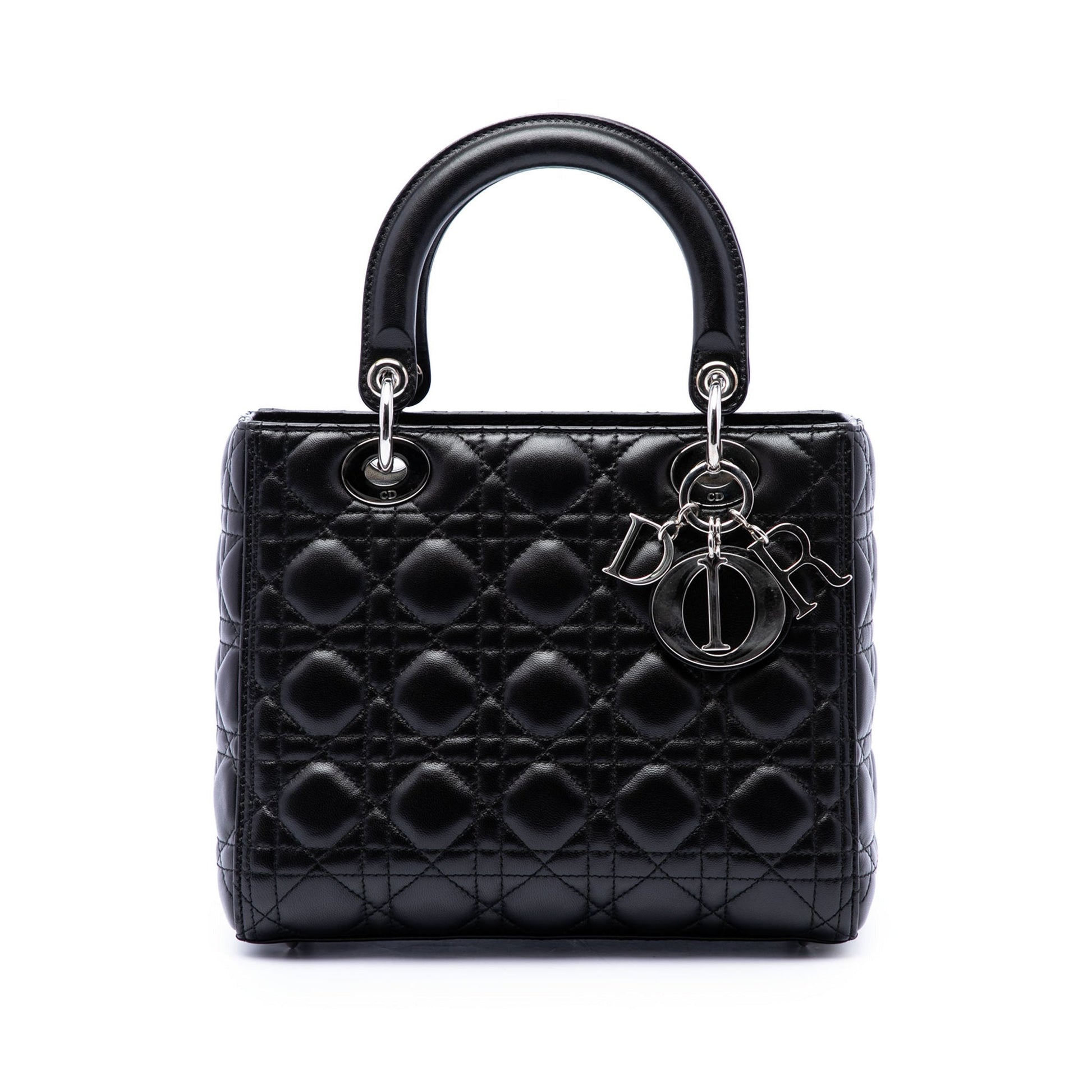 Second hand Dior Lady Dior Medium Zip Closure Cannage Lambskin Leather 2-Ways Tote Bag Black - Tabita Bags