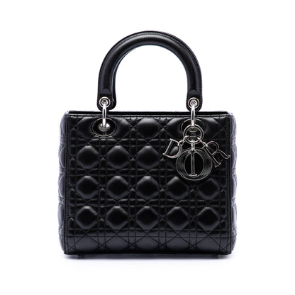 Second hand Dior Lady Dior Medium Zip Closure Cannage Lambskin Leather 2-Ways Tote Bag Black - Tabita Bags