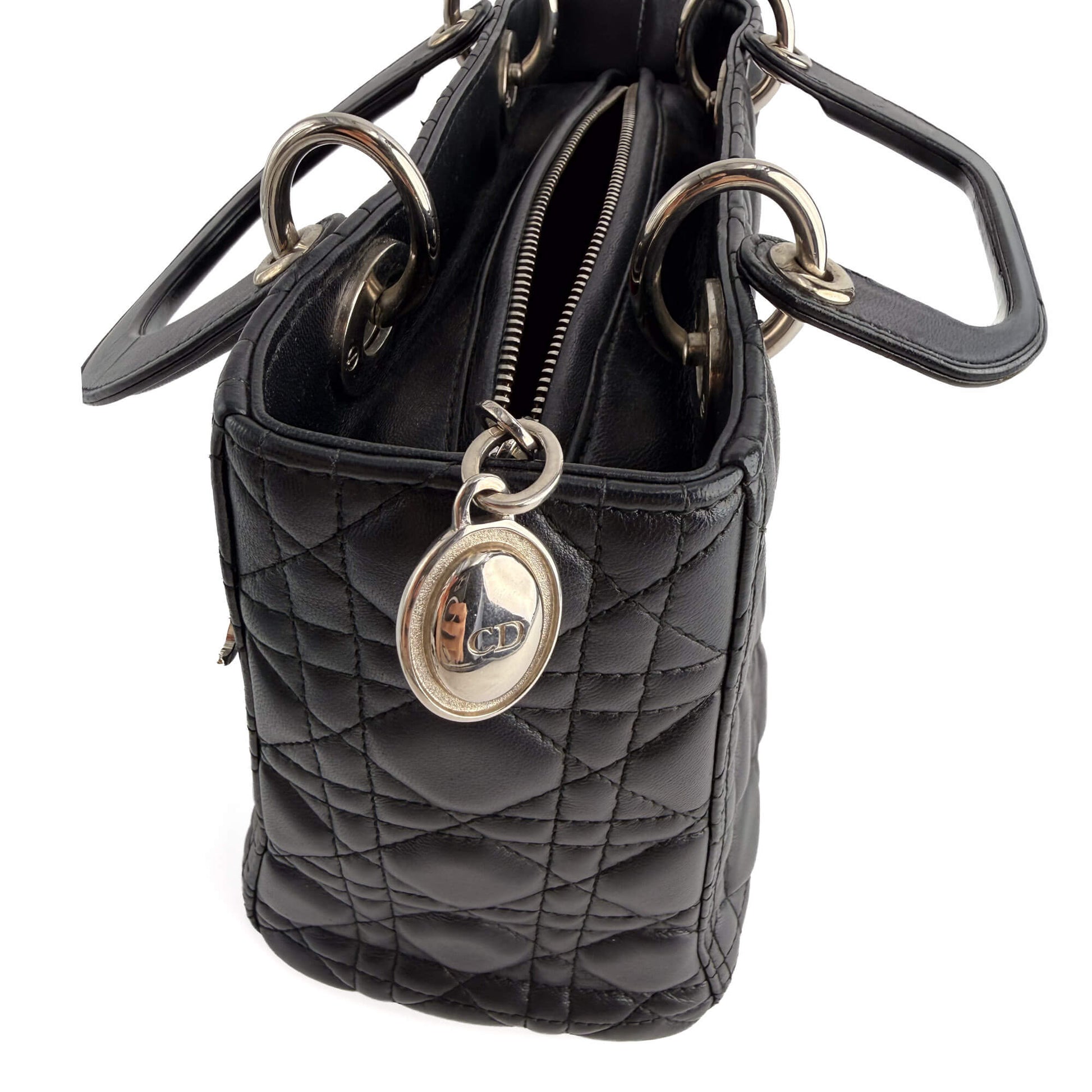 Second hand Dior Lady Dior Medium Zip Closure Cannage Lambskin Leather 2-Ways Tote Bag Black - Tabita Bags