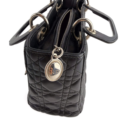 Second hand Dior Lady Dior Medium Zip Closure Cannage Lambskin Leather 2-Ways Tote Bag Black - Tabita Bags
