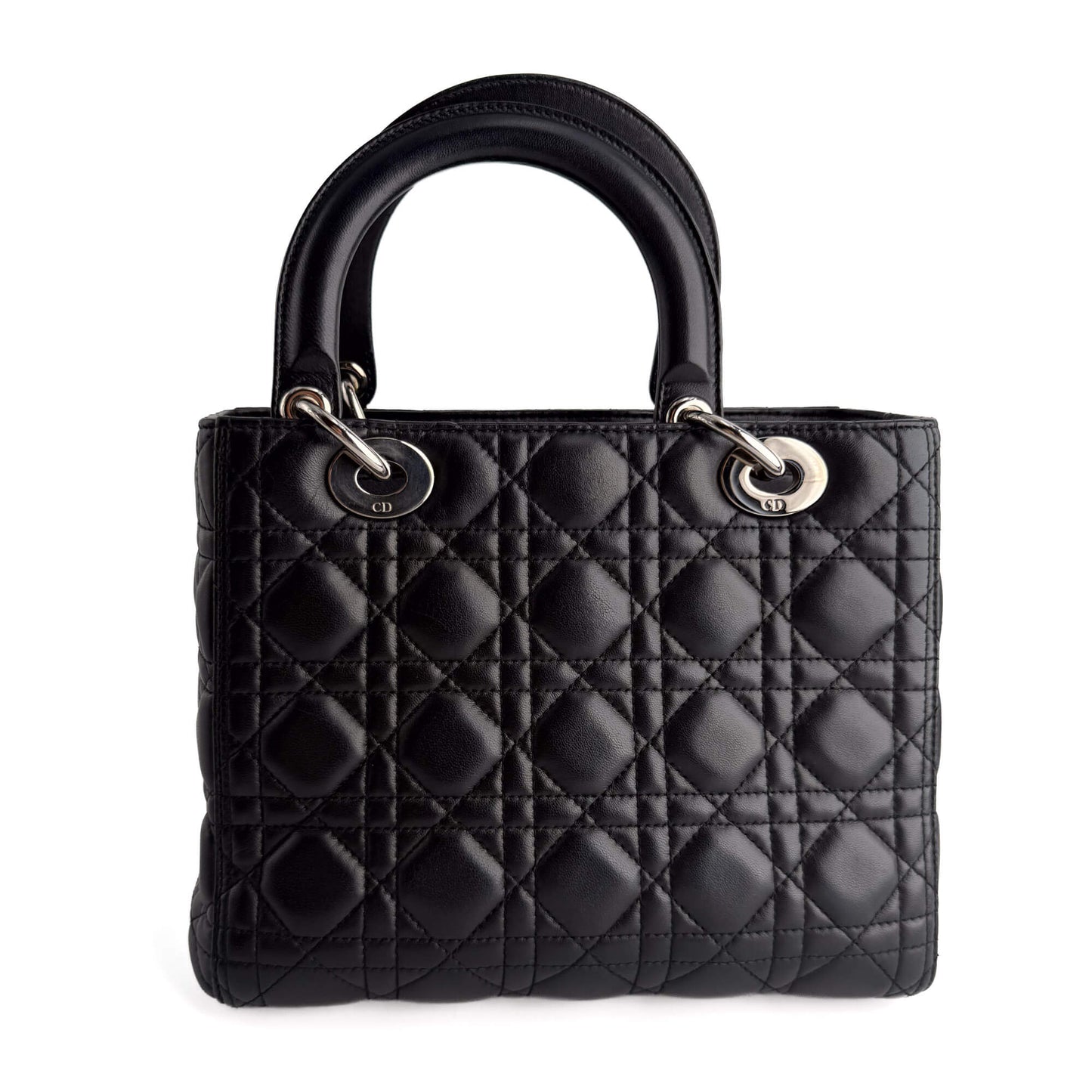 Second hand Dior Lady Dior Medium Zip Closure Cannage Lambskin Leather 2-Ways Tote Bag Black - Tabita Bags