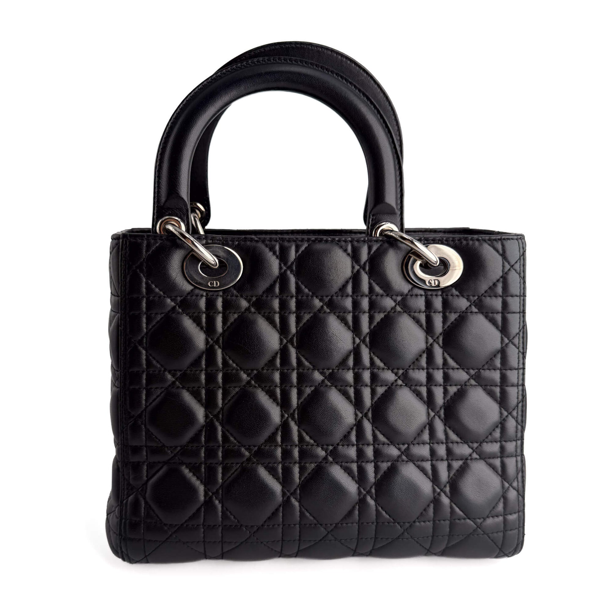 Second hand Dior Lady Dior Medium Zip Closure Cannage Lambskin Leather 2-Ways Tote Bag Black - Tabita Bags