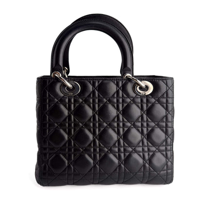Second hand Dior Lady Dior Medium Zip Closure Cannage Lambskin Leather 2-Ways Tote Bag Black - Tabita Bags