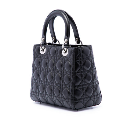 Second hand Dior Lady Dior Medium Zip Closure Cannage Lambskin Leather 2-Ways Tote Bag Black - Tabita Bags
