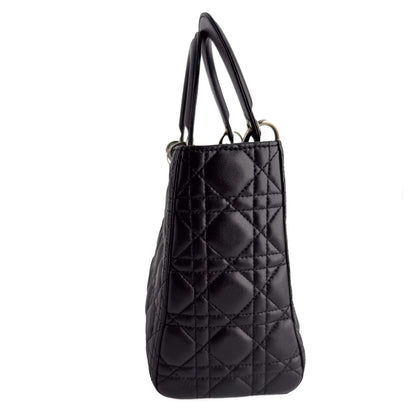 Second hand Dior Lady Dior Medium Zip Closure Cannage Lambskin Leather 2-Ways Tote Bag Black - Tabita Bags