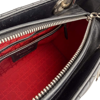 Second hand Dior Lady Dior Medium Zip Closure Cannage Lambskin Leather 2-Ways Tote Bag Black - Tabita Bags