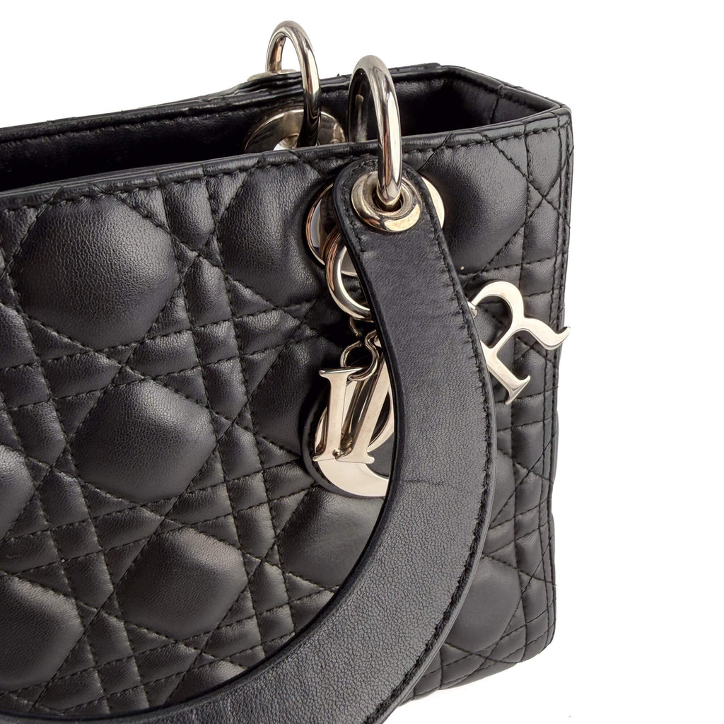 Second hand Dior Lady Dior Medium Zip Closure Cannage Lambskin Leather 2-Ways Tote Bag Black - Tabita Bags