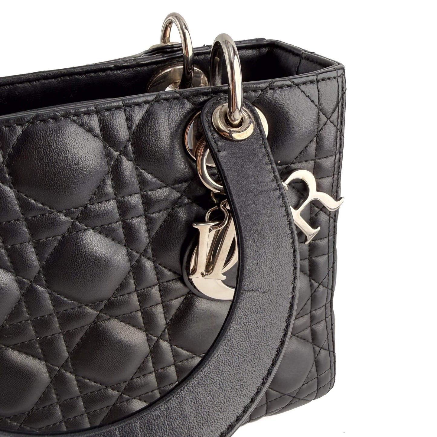 Second hand Dior Lady Dior Medium Zip Closure Cannage Lambskin Leather 2-Ways Tote Bag Black - Tabita Bags
