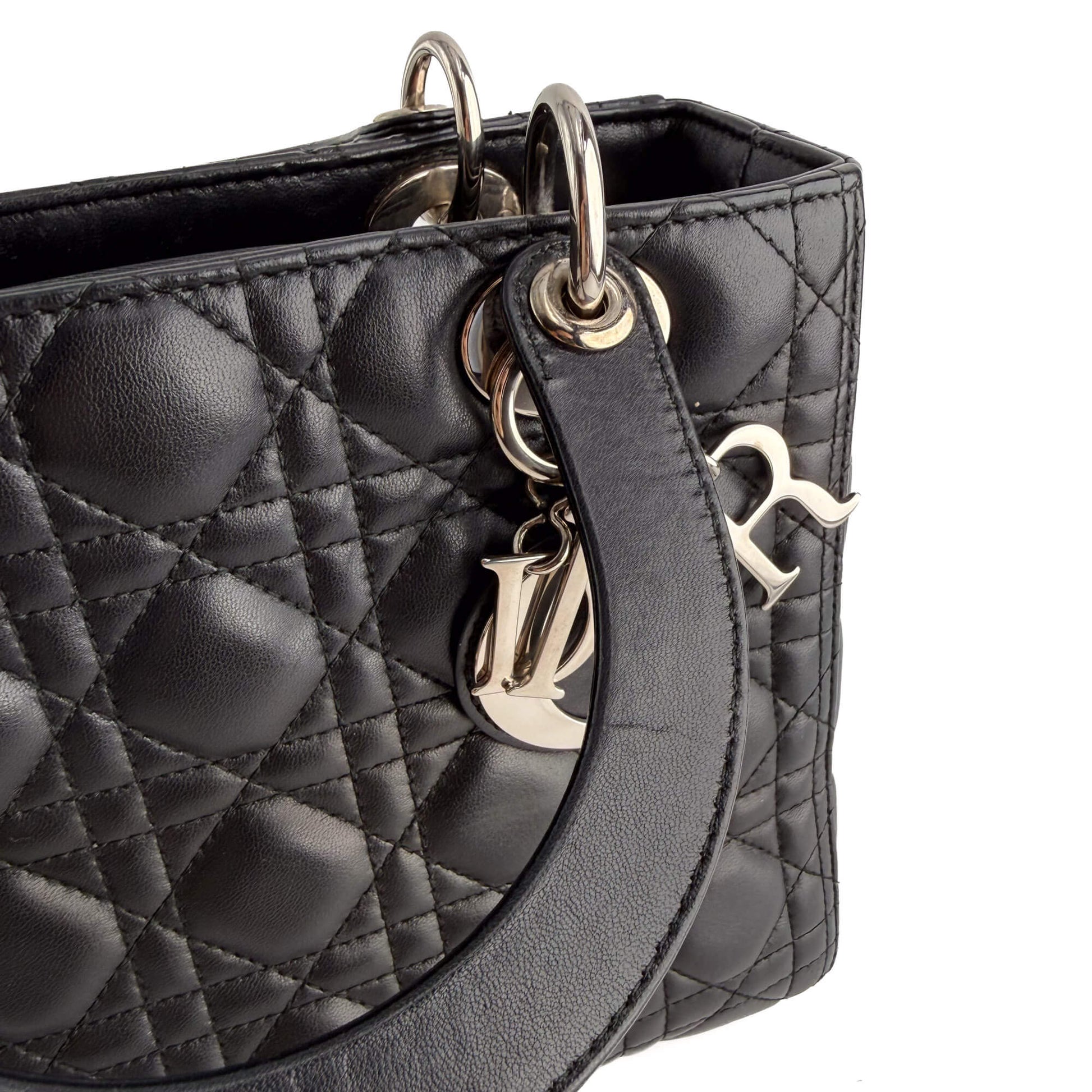 Second hand Dior Lady Dior Medium Zip Closure Cannage Lambskin Leather 2-Ways Tote Bag Black - Tabita Bags