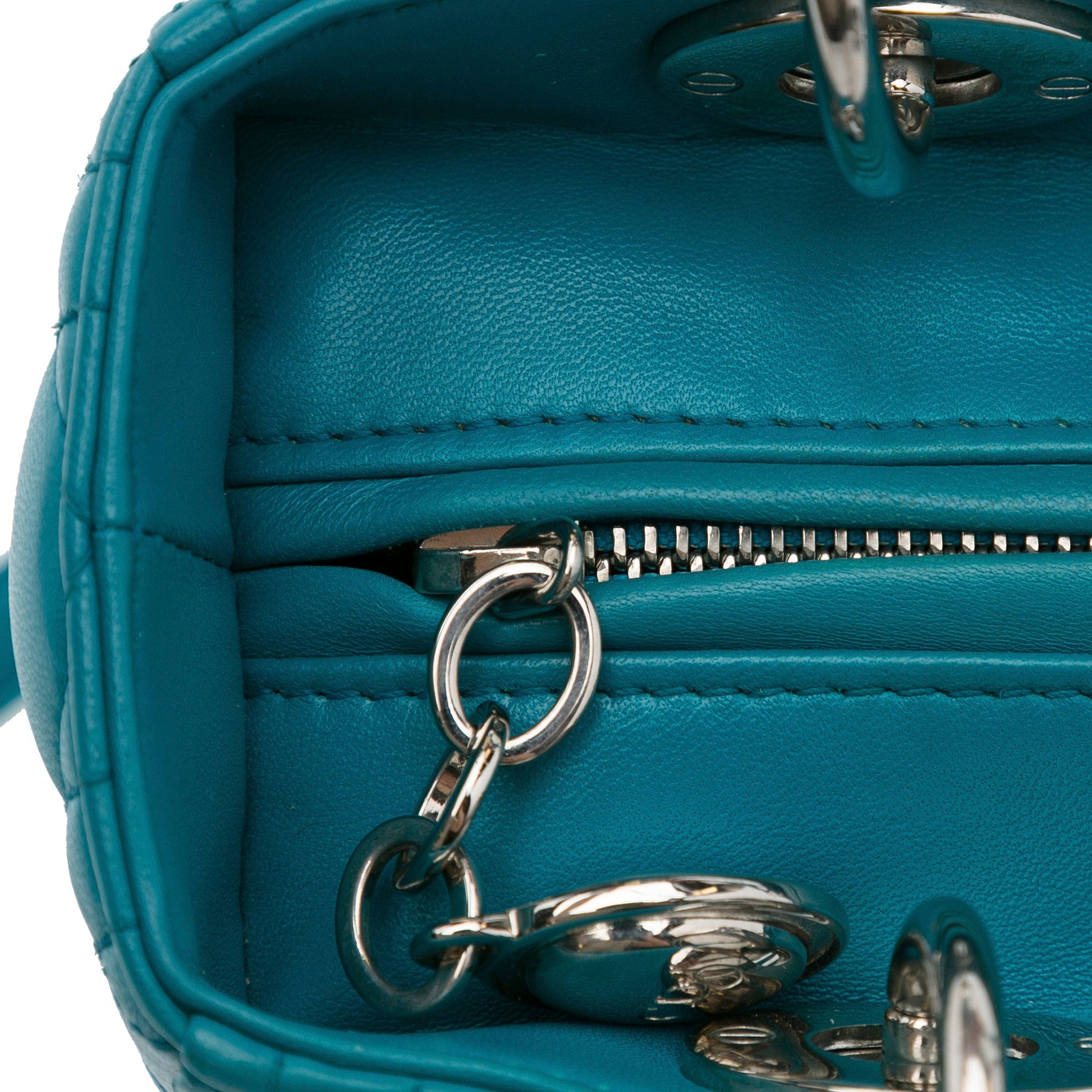 Second hand Dior Lady Dior Medium Zip Closure Cannage Lambskin Leather 2 - Ways Tote Bag Blue - Tabita Bags