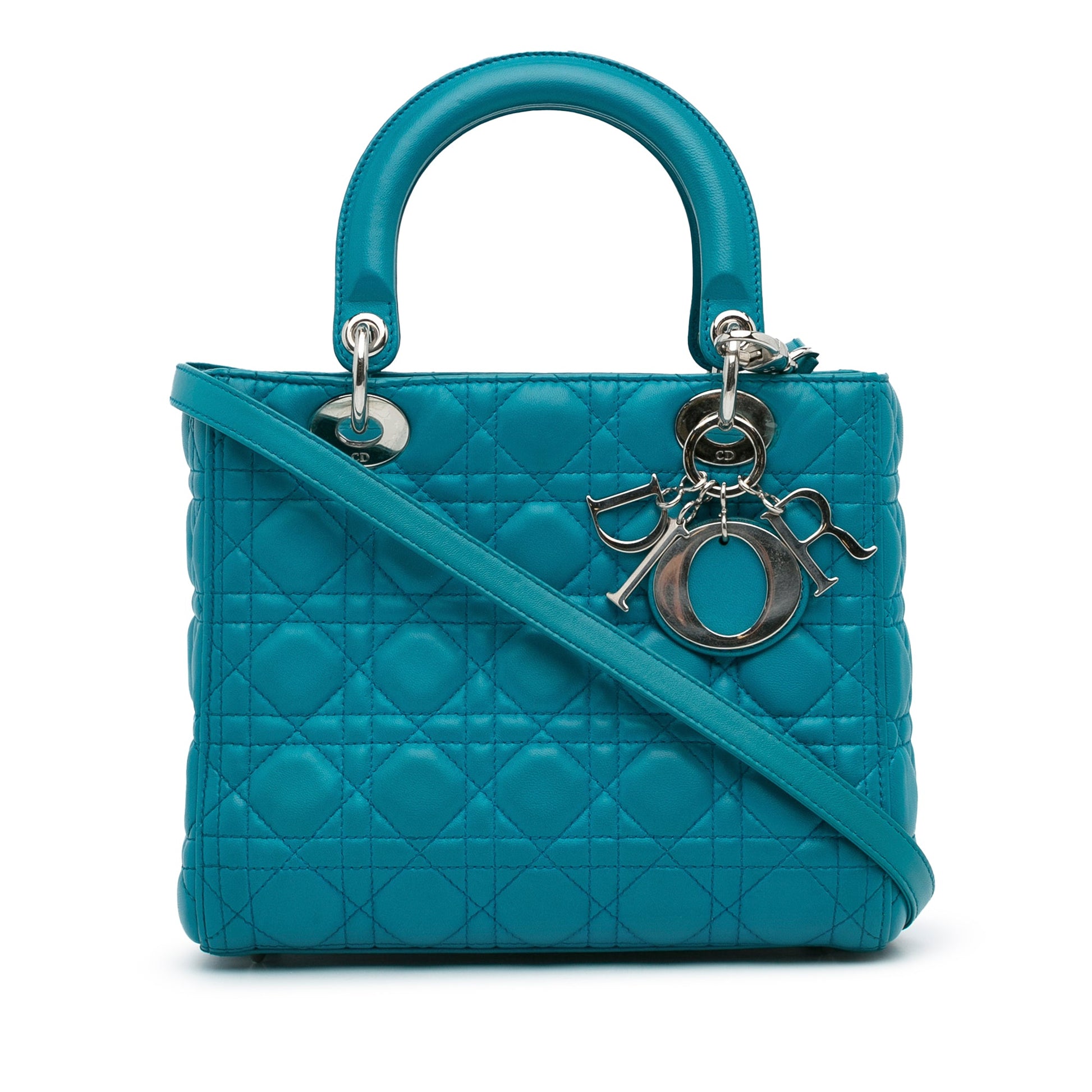 Second hand Dior Lady Dior Medium Zip Closure Cannage Lambskin Leather 2 - Ways Tote Bag Blue - Tabita Bags