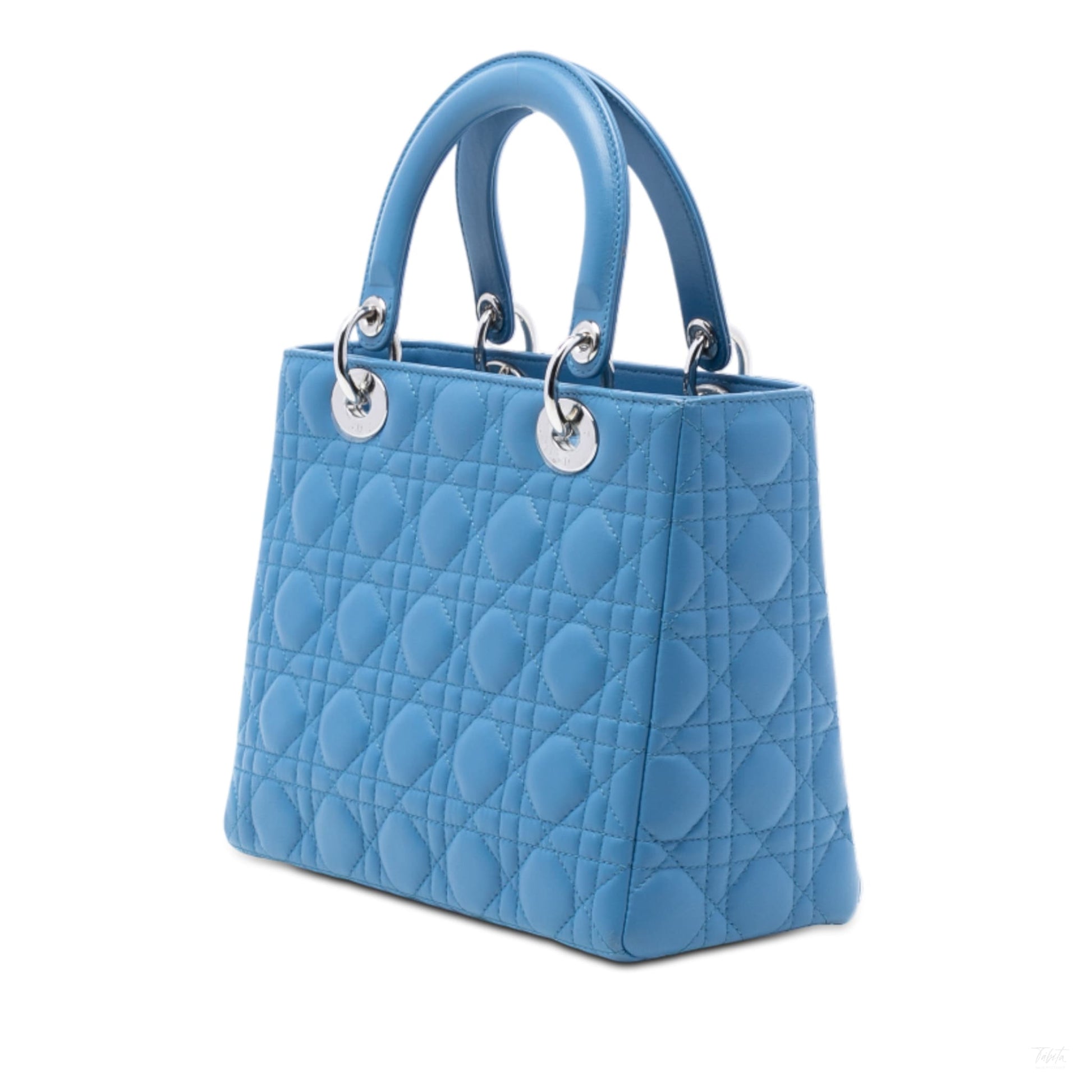 Second hand Dior Lady Dior Medium Zip Closure Cannage Lambskin Leather 2 - Ways Tote Bag Blue - Tabita Bags