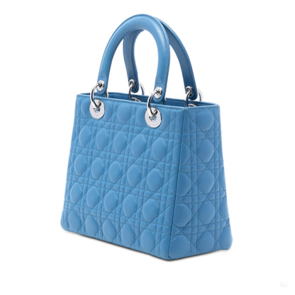 Second hand Dior Lady Dior Medium Zip Closure Cannage Lambskin Leather 2 - Ways Tote Bag Blue - Tabita Bags