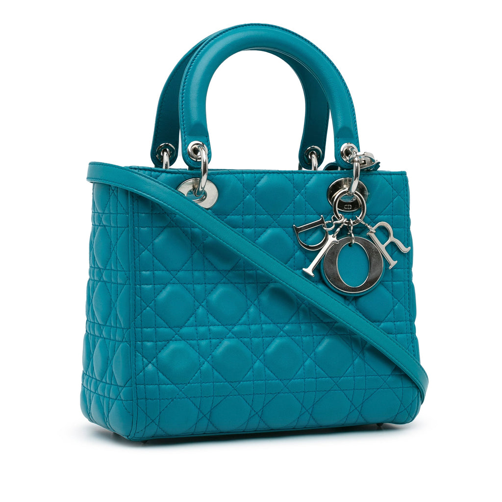 Second hand Dior Lady Dior Medium Zip Closure Cannage Lambskin Leather 2 - Ways Tote Bag Blue - Tabita Bags