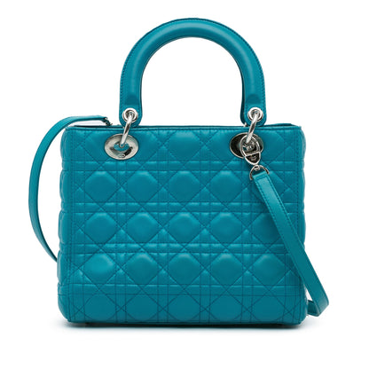 Second hand Dior Lady Dior Medium Zip Closure Cannage Lambskin Leather 2 - Ways Tote Bag Blue - Tabita Bags