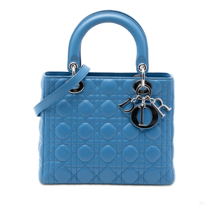 Second hand Dior Lady Dior Medium Zip Closure Cannage Lambskin Leather 2 - Ways Tote Bag Blue - Tabita Bags