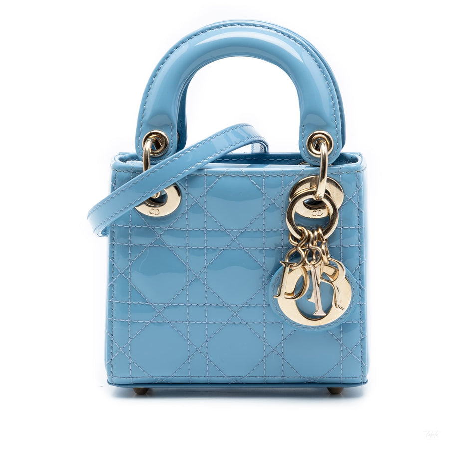 Second hand Dior Lady Dior Micro Patent Leather Cannage Tote Handbag Blue - Tabita Bags