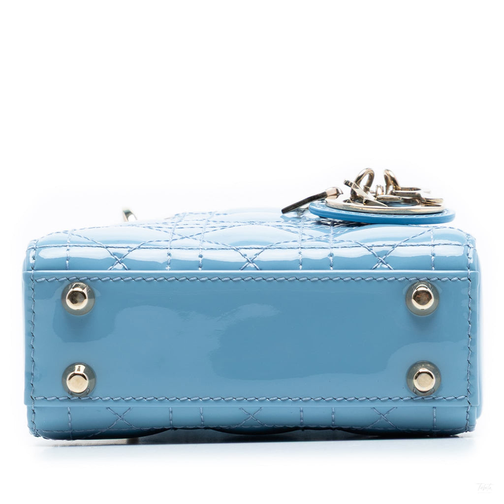 Second hand Dior Lady Dior Micro Patent Leather Cannage Tote Handbag Blue - Tabita Bags