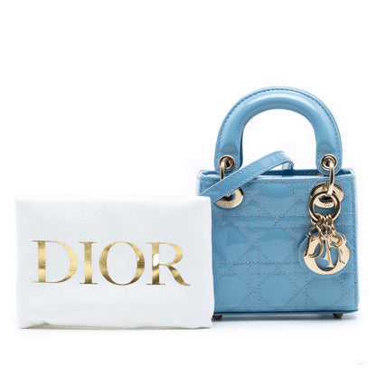 Second hand Dior Lady Dior Micro Patent Leather Cannage Tote Handbag Blue - Tabita Bags