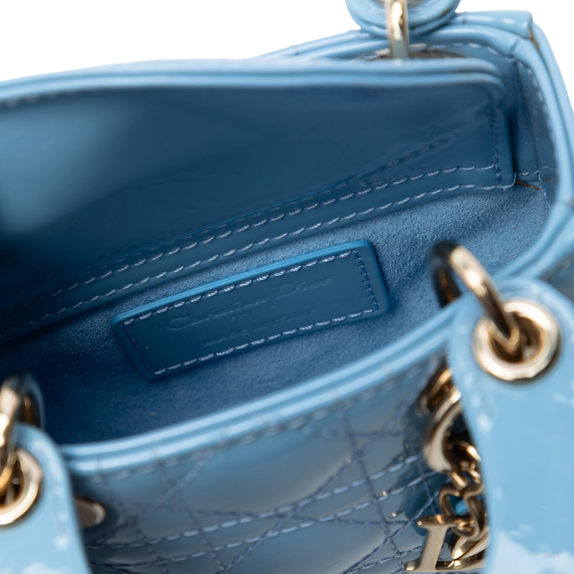 Second hand Dior Lady Dior Micro Patent Leather Cannage Tote Handbag Blue - Tabita Bags