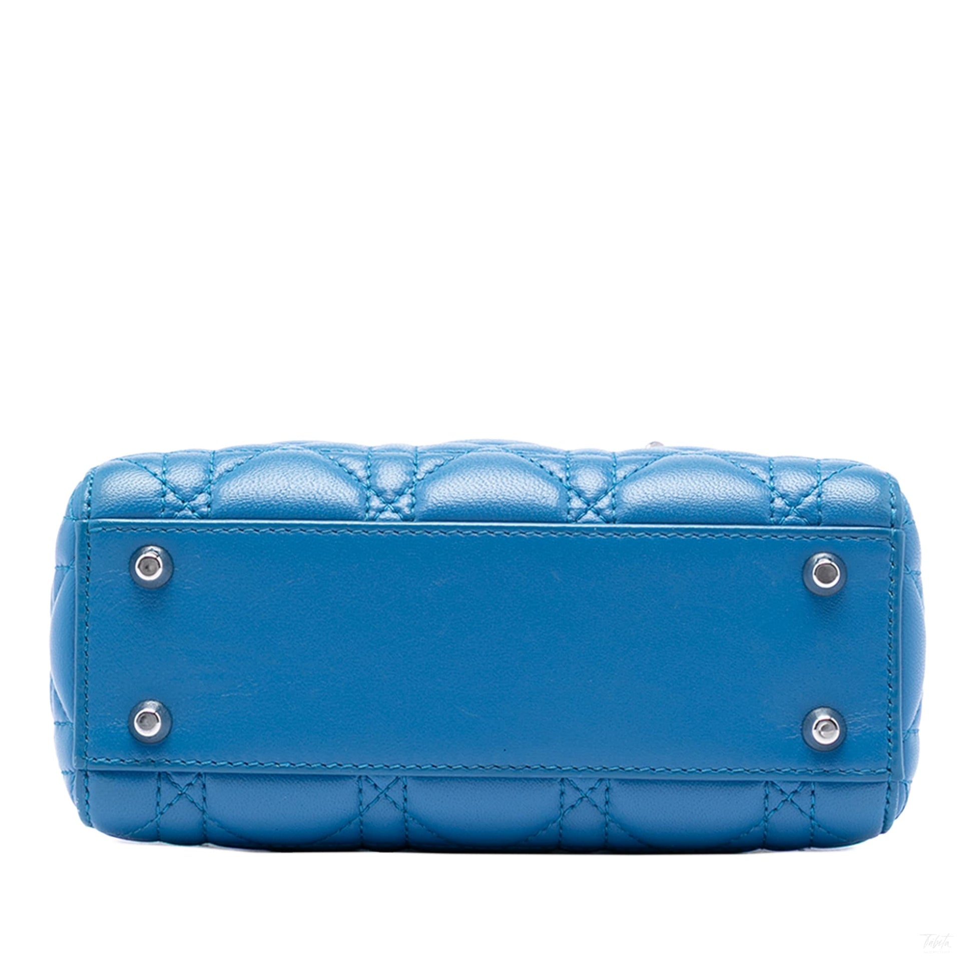 Second hand Dior Lady Dior Mini Lambskin Leather Cannage Tote Handbag Blue - Tabita Bags