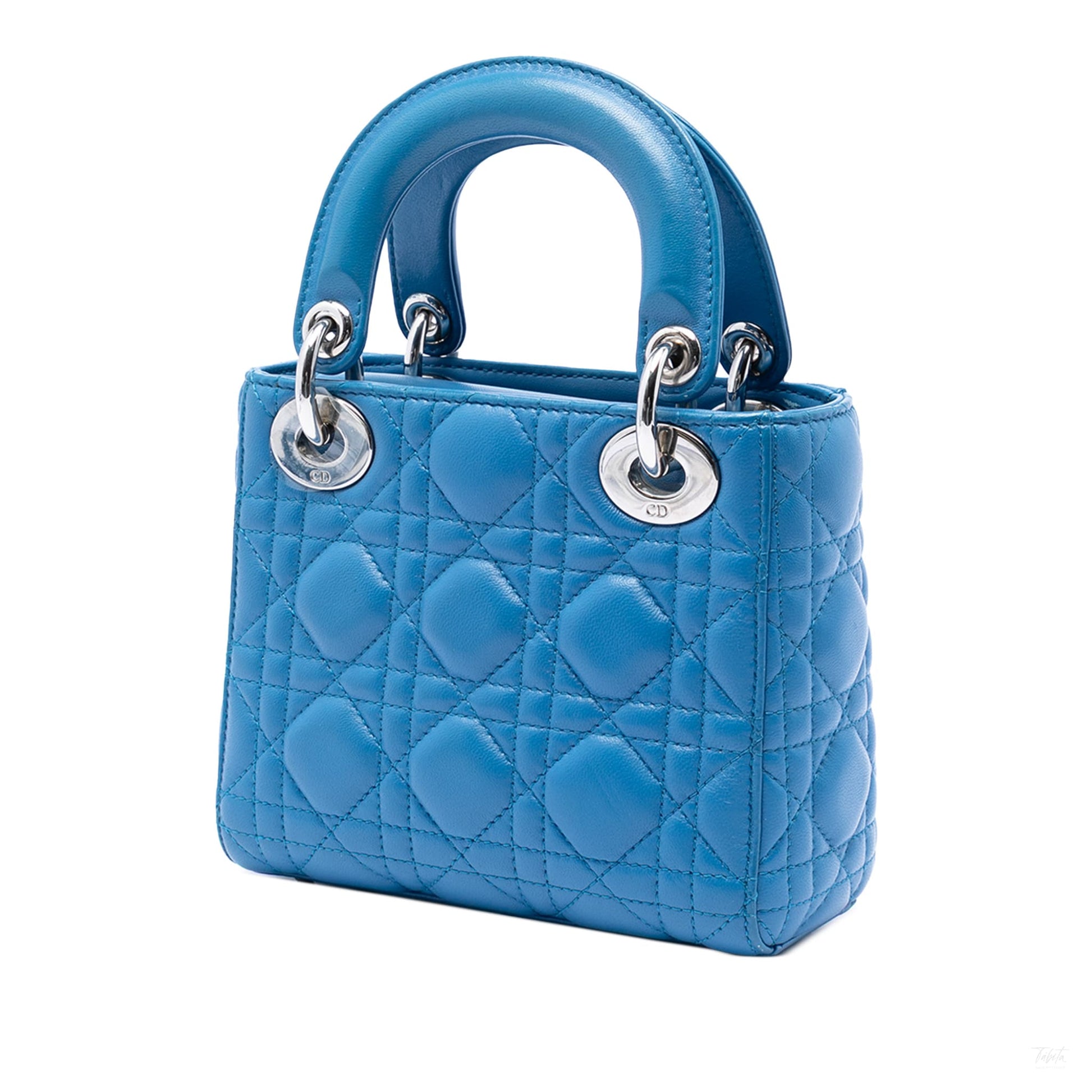 Second hand Dior Lady Dior Mini Lambskin Leather Cannage Tote Handbag Blue - Tabita Bags