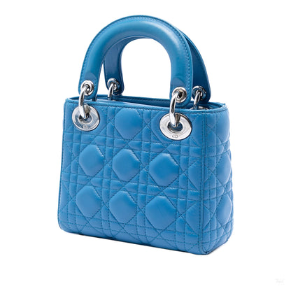 Second hand Dior Lady Dior Mini Lambskin Leather Cannage Tote Handbag Blue - Tabita Bags