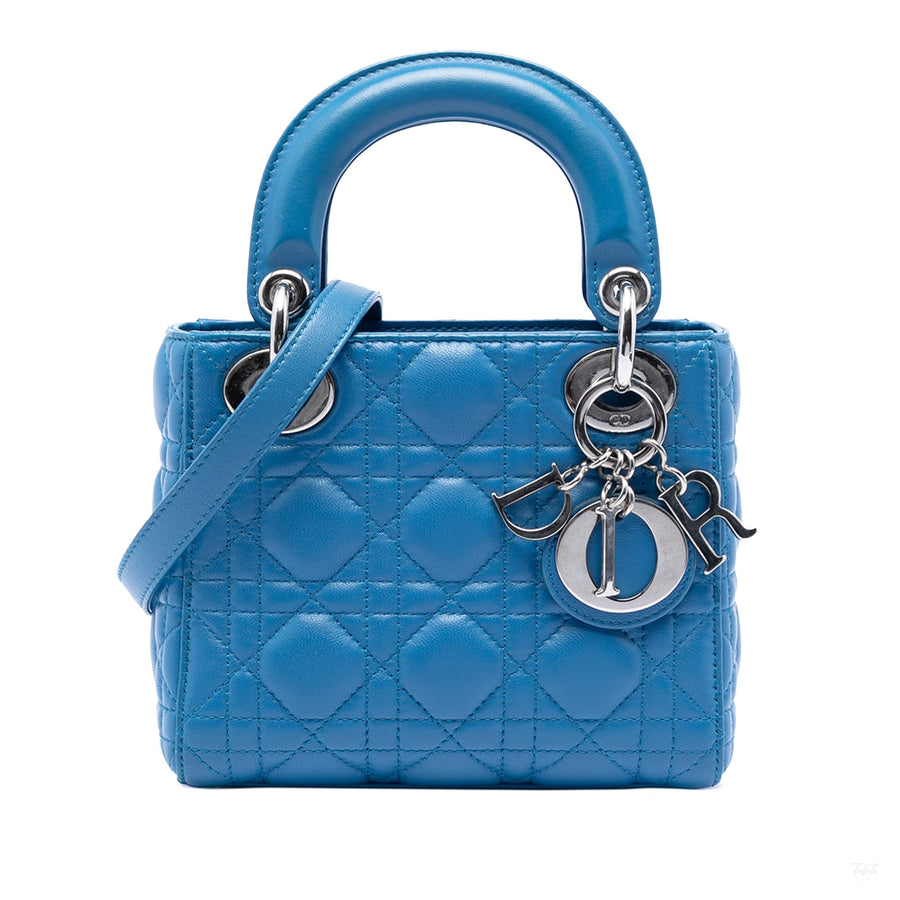 Second hand Dior Lady Dior Mini Lambskin Leather Cannage Tote Handbag Blue - Tabita Bags
