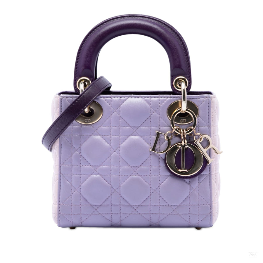 Second hand Dior Lady Dior Mini Lambskin Leather Cannage Tote Handbag Tricolor - Tabita Bags