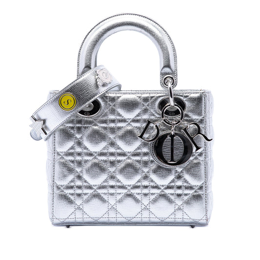 Second hand Dior Lady Dior Small Grained Calfskin Leather My ABCDior Cannage Tote Handbag Silver - Tabita Bags
