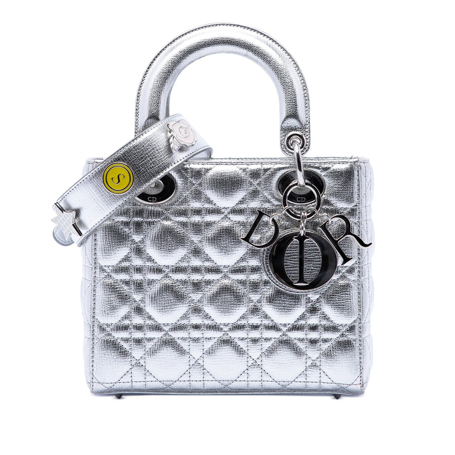 Second hand Dior Lady Dior Small Grained Calfskin Leather My ABCDior Cannage Tote Handbag Silver - Tabita Bags